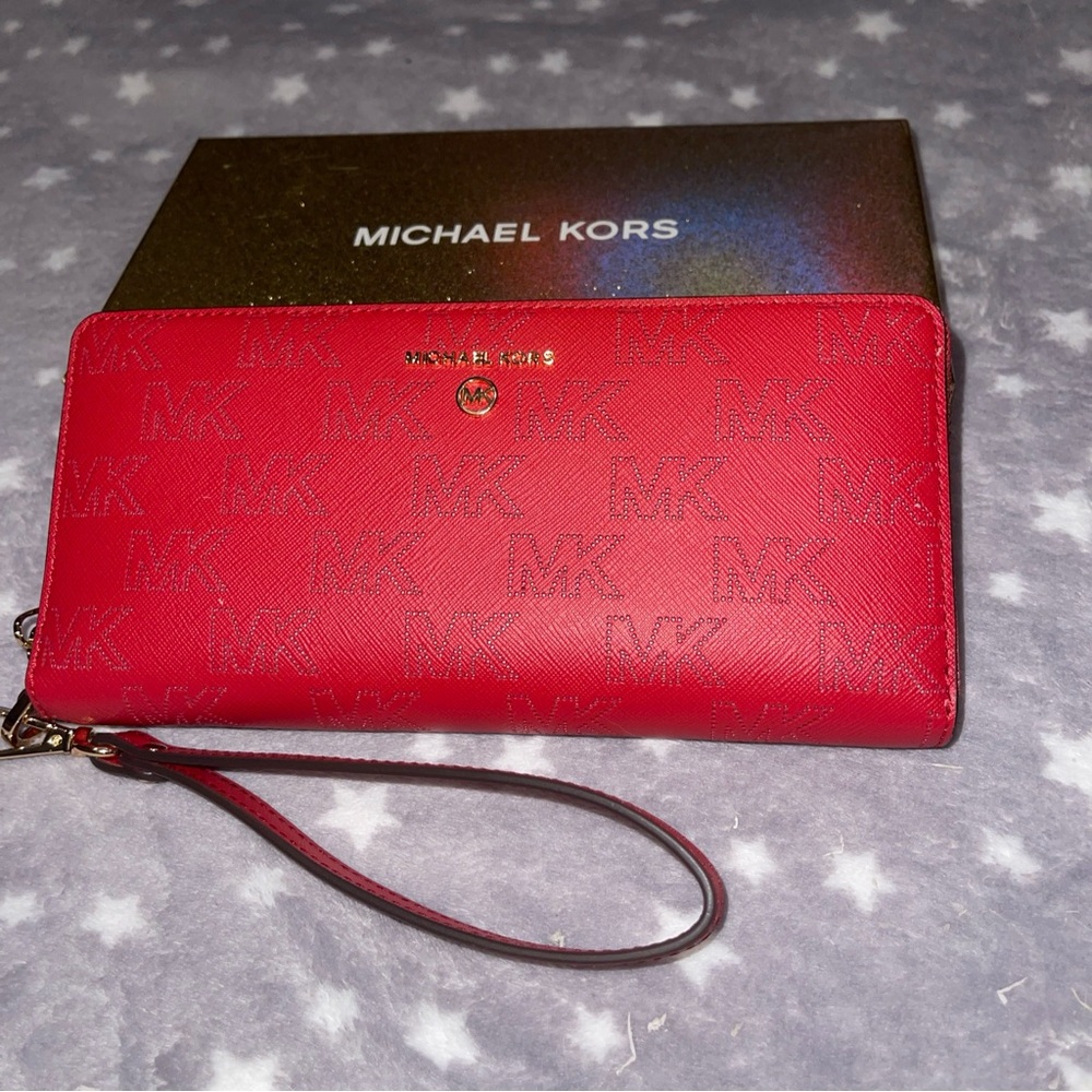 Michael Kors Jet Set Travel Leather Double Zip Wristlet Wallet - Red